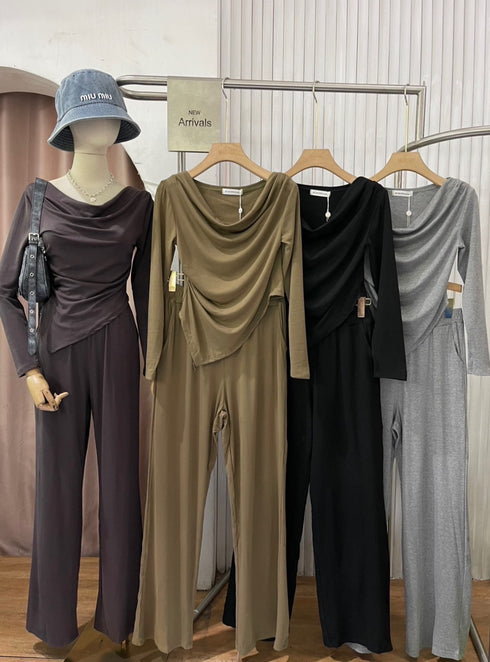 Cowl Neck Long Sleeves Tops With Trouser Sets